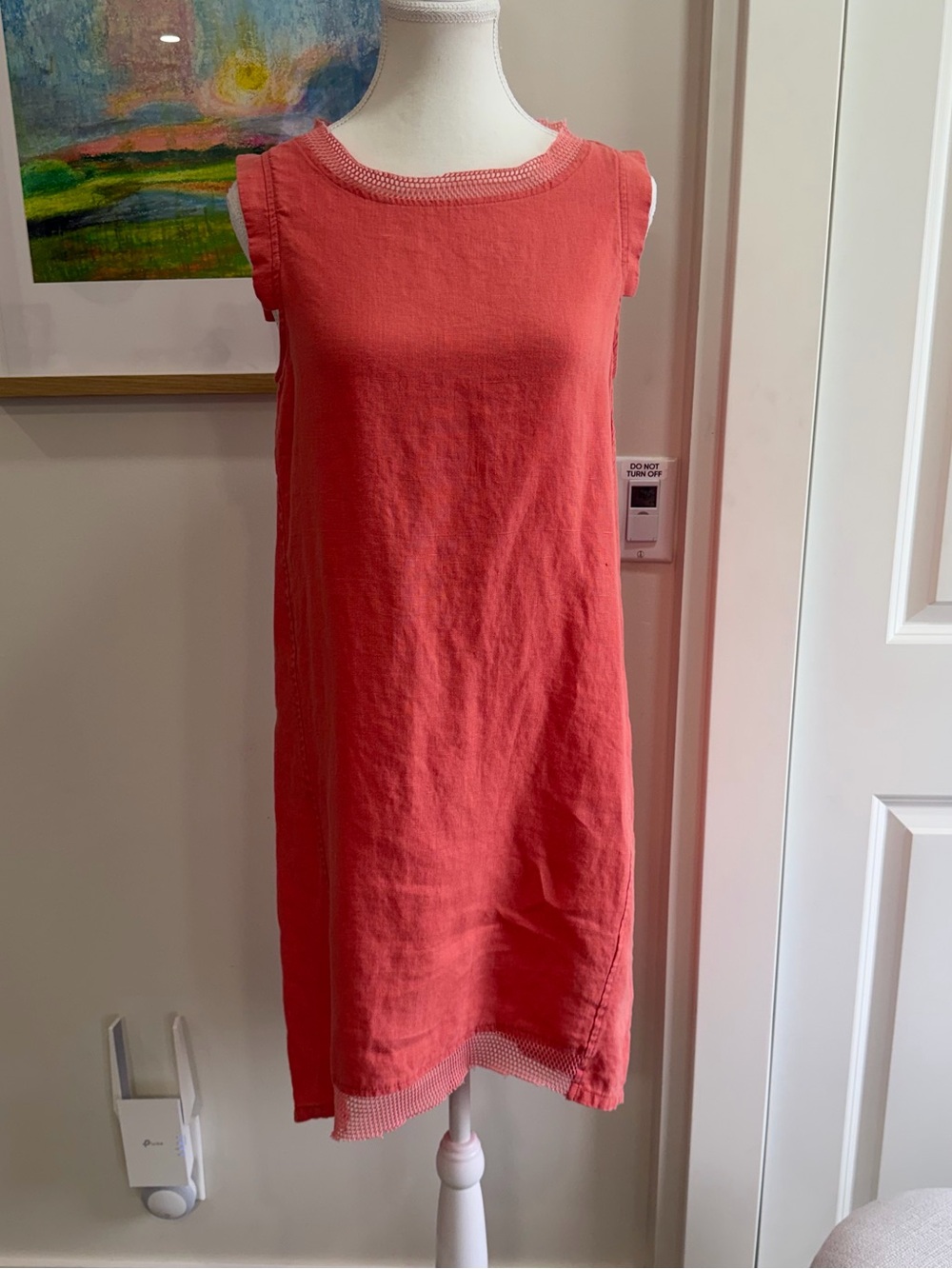 Coral Linen Sleeveless‎ Shift Dress with Crochet Trim